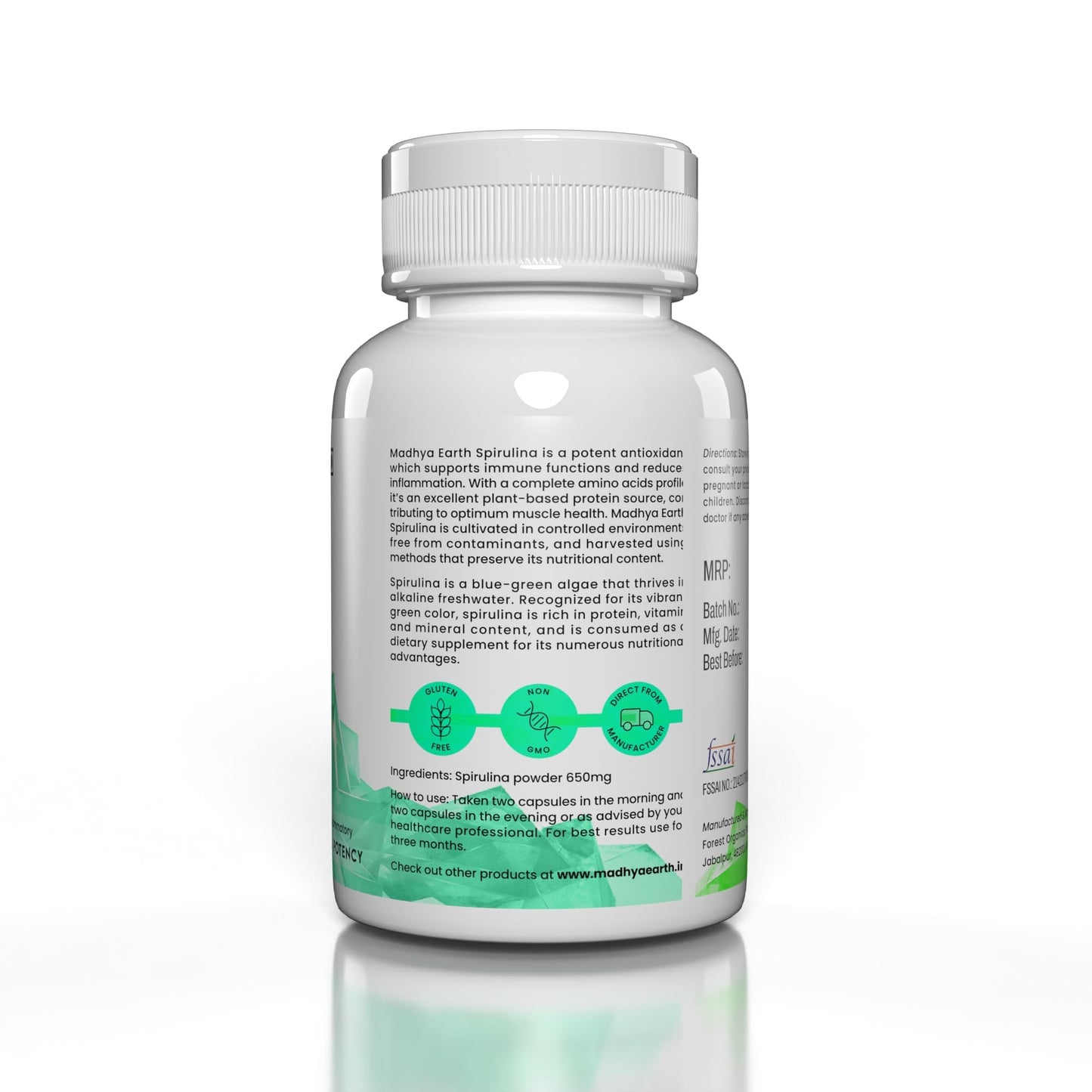 Madhya Earth Spirulina 60 Vegetarian Capsules | 650 Mg Nutritional Supplement for Mens & Women | Green Superfood for weight management & Immunity Booster | 100% Pure | Complete Protein | Gluten Free